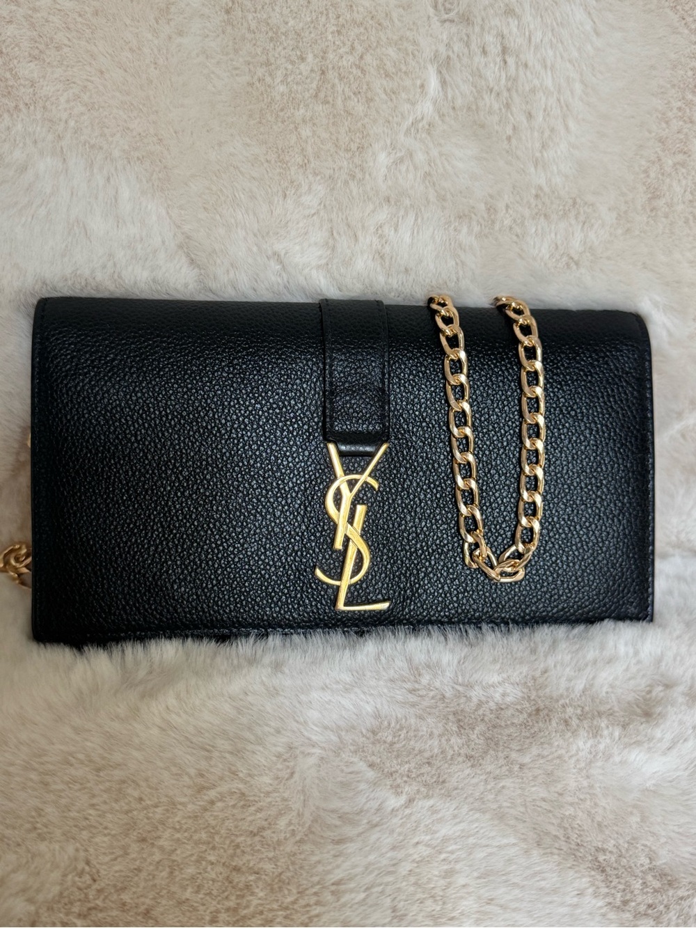 Saint Laurent Black Leather Crossbody Wallet with Gold Chain